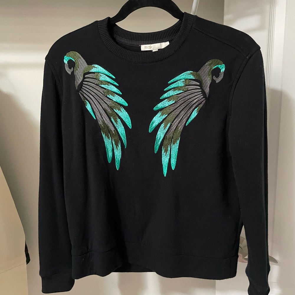 Used Maje Black and Green Crew Neck Sweater with Graphic Wing Design